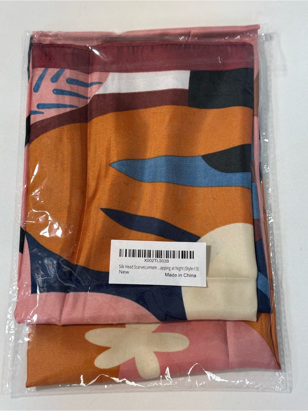 Floral Abstract Silky Scarf in Pink, Blue & Orange 70X70 - Picture 7 of 8